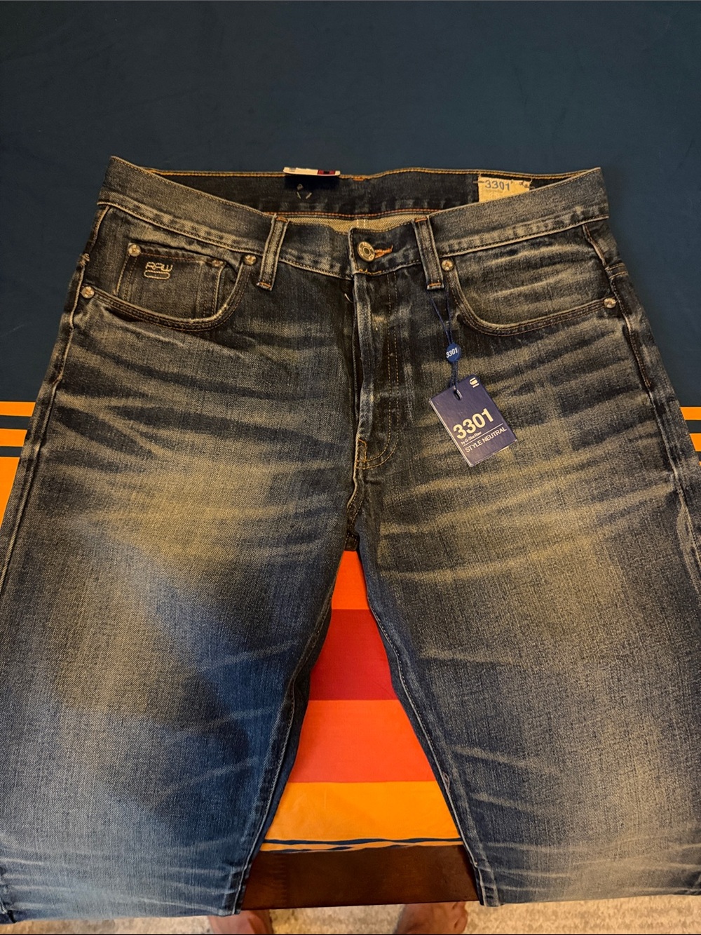 G-Star 3301 Slim Straight Jeans in Faded Blue Wash